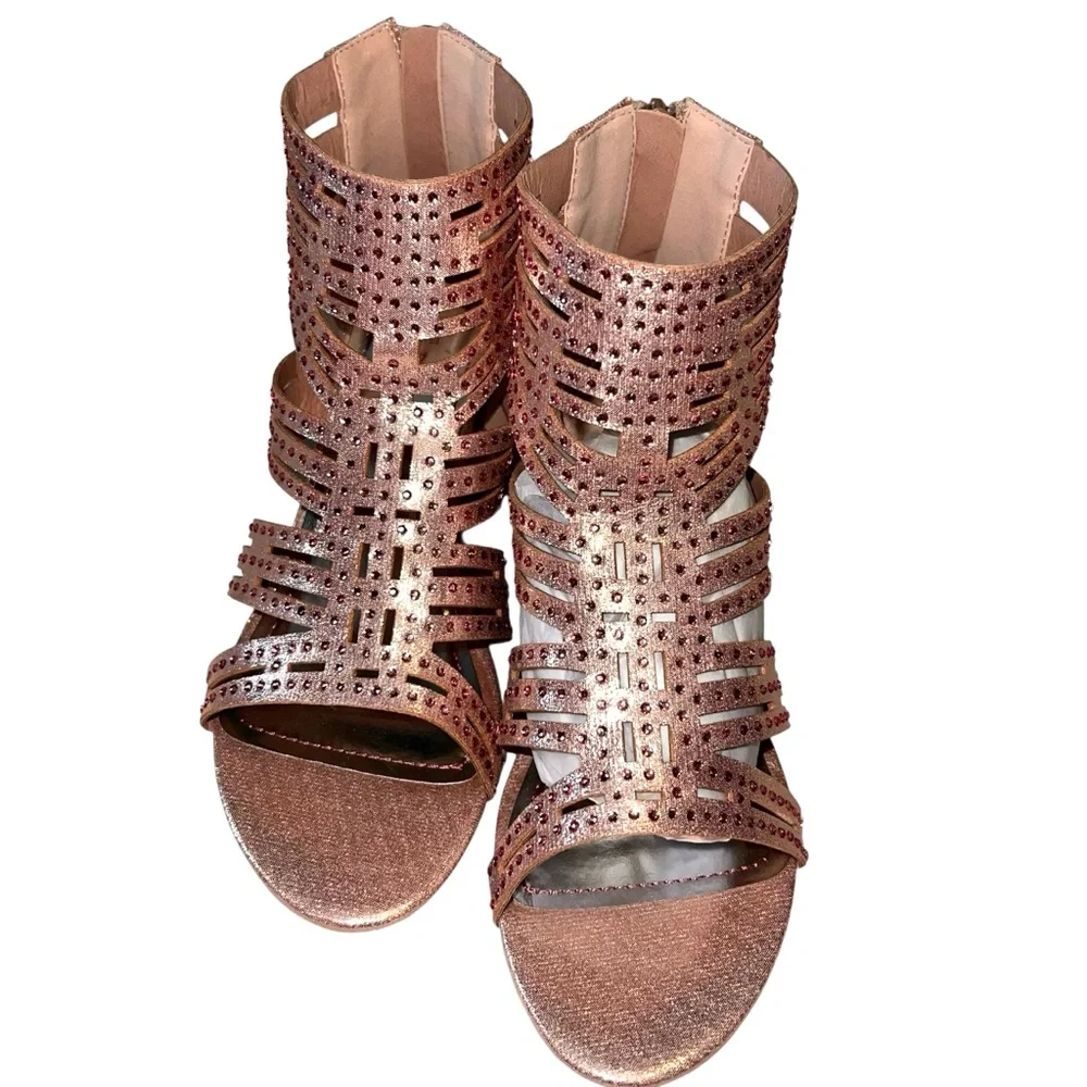 Girls Dress Shoes Low Heel Rhinestone Dance Wedding Pink Rose Gold Size 6 Girls